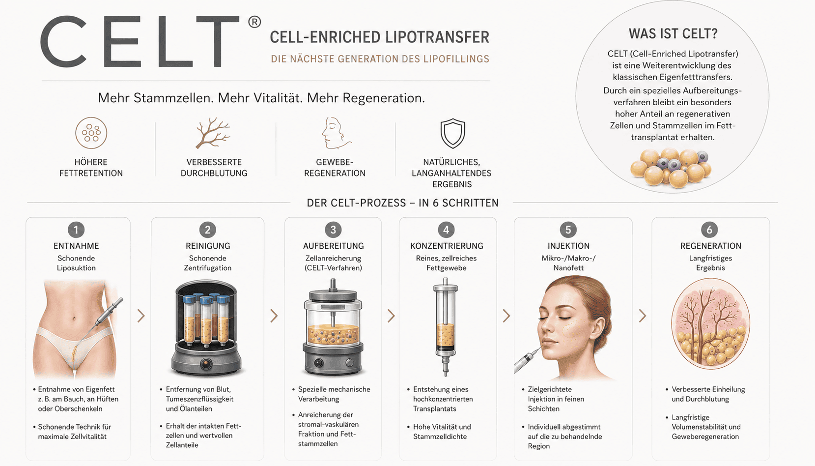 CELT – Cell-Enriched Lipotransfer: Ablauf in sechs Schritten von der Entnahme über Reinigung, Aufbereitung, Konzentrierung und Injektion bis zur Regeneration