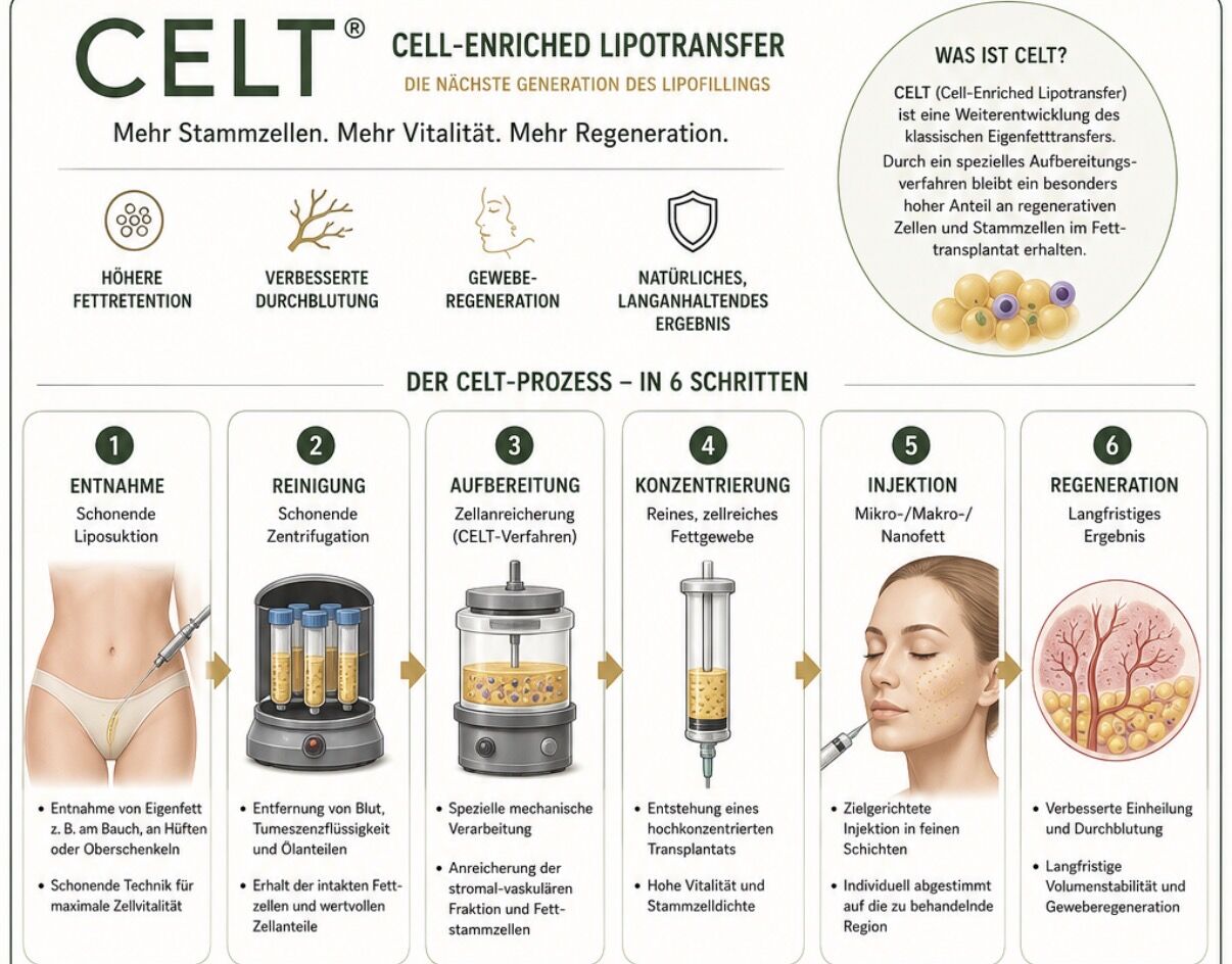CELT – Cell-Enriched Lipotransfer: Ablauf in sechs Schritten von der Entnahme über Reinigung, Aufbereitung, Konzentrierung und Injektion bis zur Regeneration