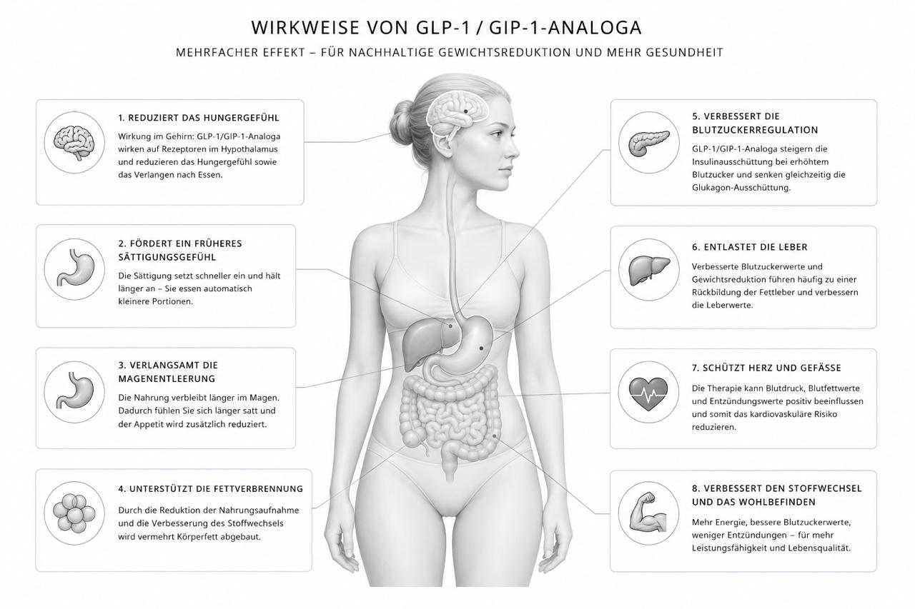Wirkweise von GLP-1/GIP-1-Analoga: reduziertes Hungergefühl, früheres Sättigungsgefühl, verlangsamte Magenentleerung, unterstützte Fettverbrennung, verbesserte Blutzuckerregulation, Entlastung der Leber, Schutz von Herz und Gefäßen sowie verbesserter Stoffwechsel