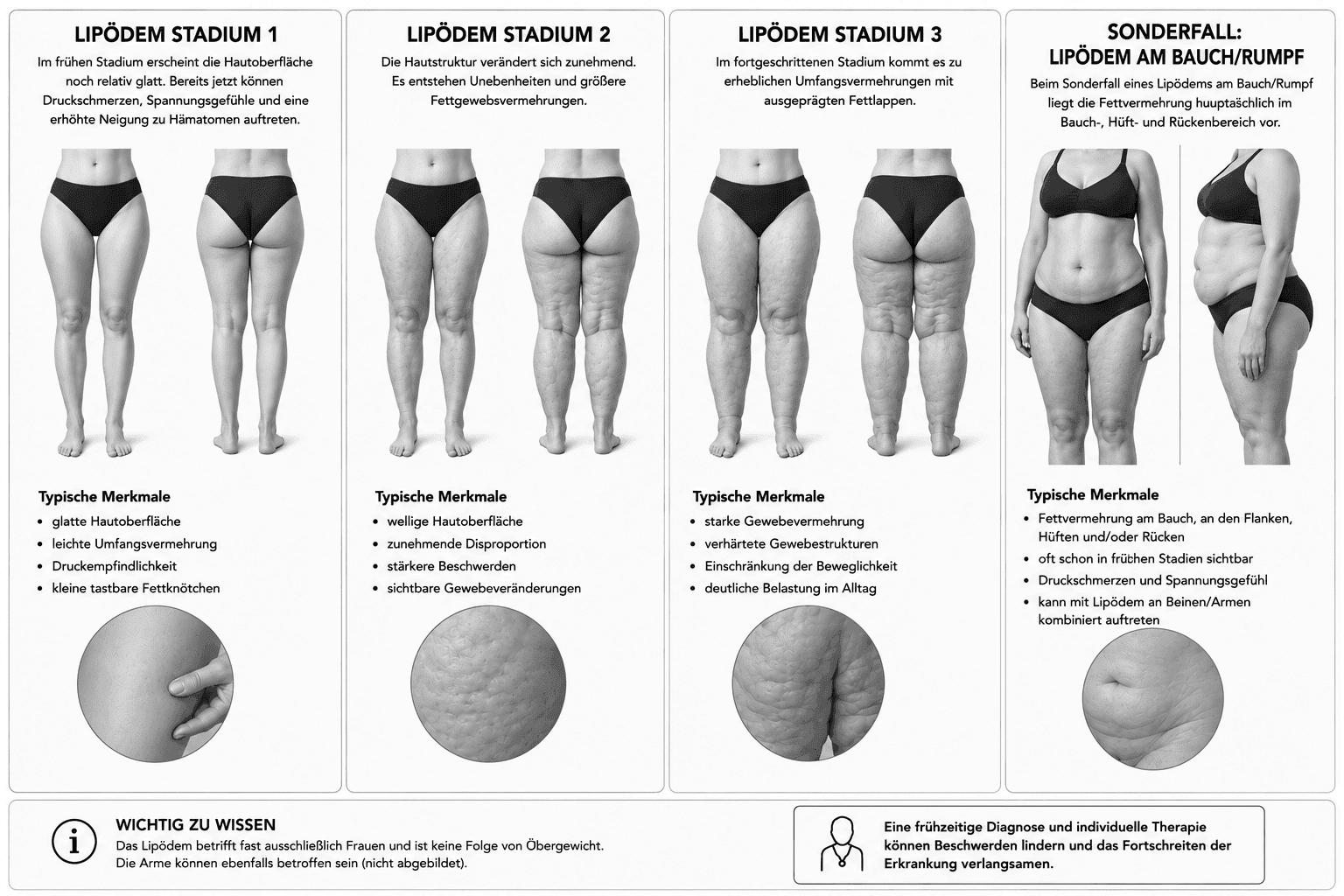 Lipödem-Stadien 1 bis 3 sowie Sonderfall Lipödem am Bauch und Rumpf in Front- und Rückenansicht