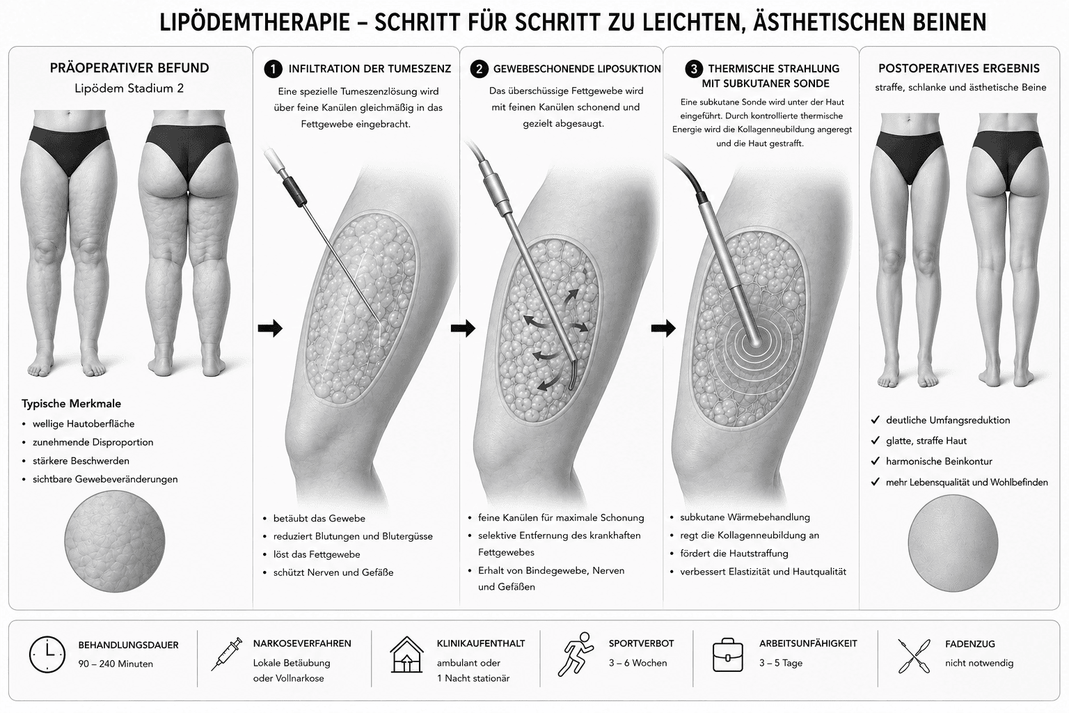 Lipödemtherapie Schritt für Schritt: präoperativer Befund, Tumeszenz-Infiltration, gewebeschonende Liposuktion, thermische Straffung und postoperatives Ergebnis